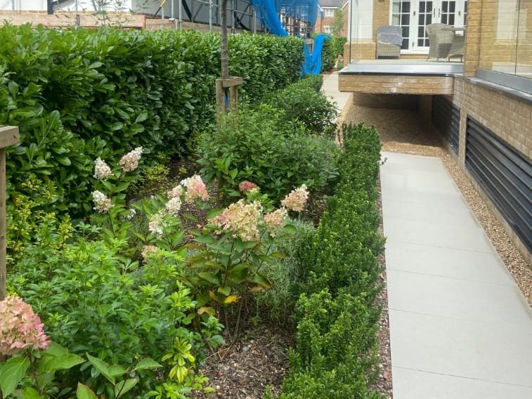 flat entrance with designed flower bed and public footpath